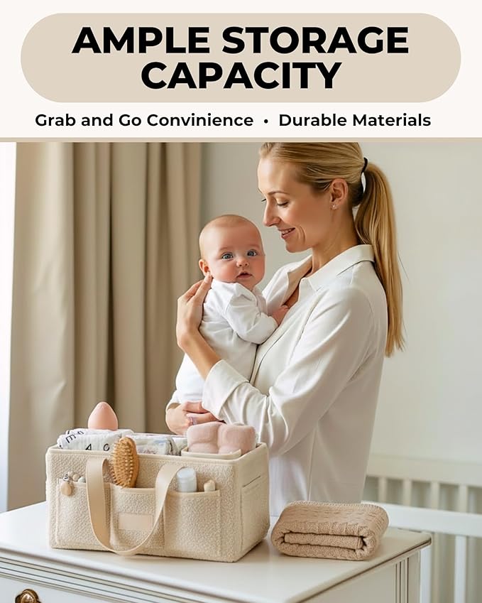 Baby Diaper Caddy Organizer with Portable Changing Mat - Teddy Fleece Diaper Organizer for Changing Table - Basket for Changing Essentials - Baby Essentials Organizer with Removable Dividers