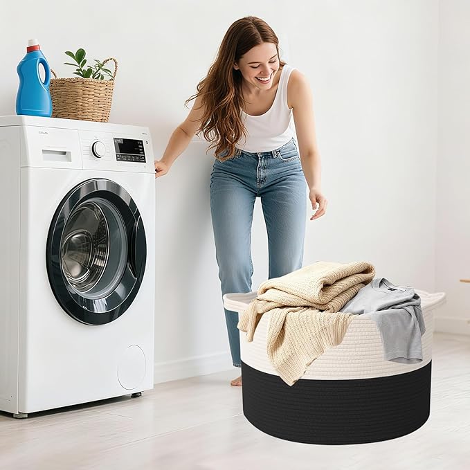 65L Large Blanket Basket,Woven Rope Laundry Basket Hamper with Handles,Decorative Nursery Basket Storage Bin for Toys, Pillows , Clothes Organizer, Living Room, Bedroom, Bathroom, White&Black