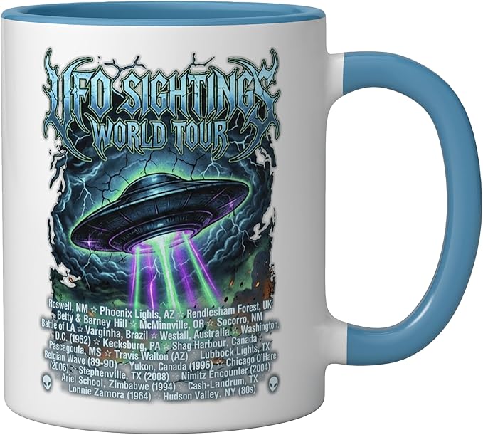 Vintage UFO Sightings World-Tour Cool-Looking Heavy-Metal Ceramic Mug, Blue/White