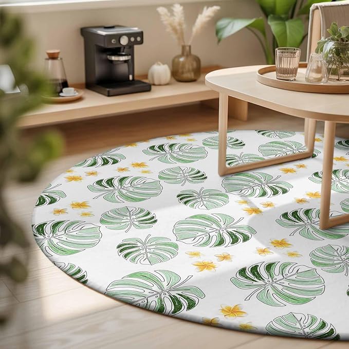 Washable Round Area Rug Summer Palm Leaves Pattern Circle Rugs Floor Carpet for Living Room Bedroom, Scattered Starburst Flowers Soft Non Slip Round Rug 3ft