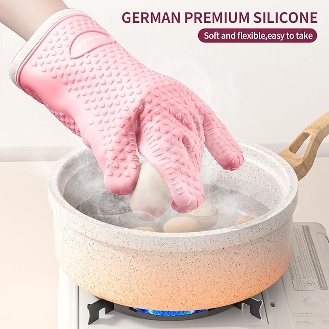 MAD SHARK Silicone Oven Mitts Heat Resistant 450°F,Waterproof & Non-Slip Oven Gloves with Fingers,Cotton Lined Silicone Oven Gloves Kitchen Mitts for Baking Cooking Barbecue,Women (Pink)