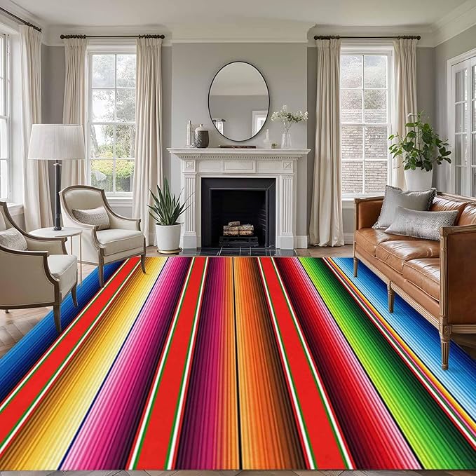 Area Rug 9x12ft, Mexican Stripes Vintage Ethnic Washable Rugs for Living Room Bedroom Rectangle Floor Carpet, Native American Stripe Soft Non-Slip Area Rugs for Dining Room