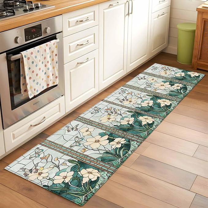 Runner Rug for Bedroom Hallway, Spring Flower Colorful Butterfly Kitchen Runner Rugs Area Rug 2x6ft, Vintage Green Plant Washable Soft Floor Carpet for Entryway Stair