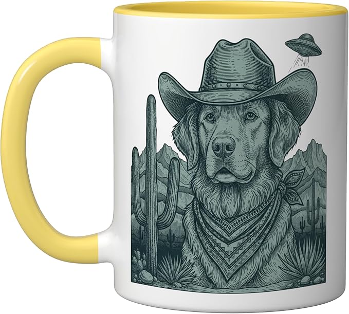 Cowboy Golden Retriever With Ufo Western Dog Art Ceramic Mug, Yellow/White