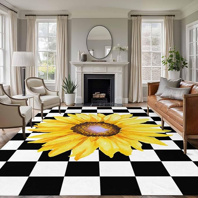 Area Rug 8x10ft, Watercolor Sunflower on Checkered Washable Rugs for Living Room Bedroom, Yellow Black White Soft Non-Slip Area Rugs Rectangle Floor Carpet for Dining Room