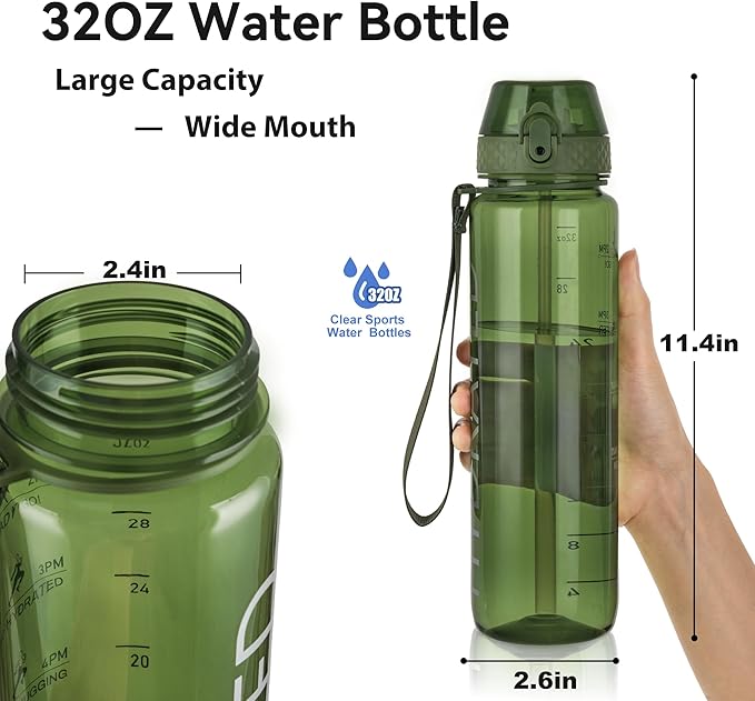 GOPPUS Water Bottles Clear Water Bottle with Straw 32oz Plastic Water Bottles BPA Free Tritan Wide Mouth Bottle Leakproof Motivational bottles water for Gym,Hiking,School or Office(1 Bottles)