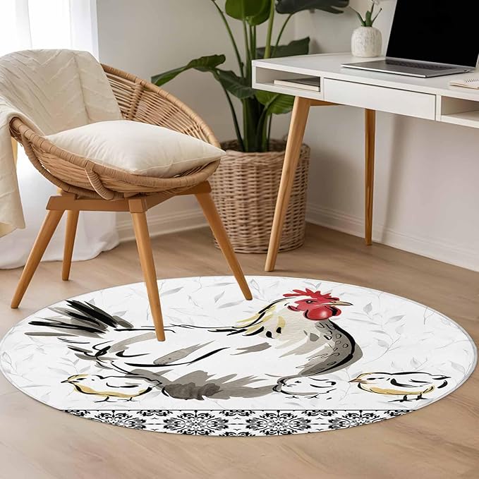 Washable Round Area Rug Country Farmhouse Rooster Circle Rugs Floor Carpet for Living Room Bedroom, Watercolor Animal Flower Pattern Soft Non Slip Round Rug 3ft