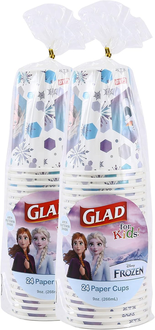 Glad for Kids Disney Frozen Disposable Paper Cups, Anna and Elsa - Heavy Duty Soak-Proof Kid-Friendly Drinking Cups, Great for Everyday Meals and Snacks, 9 oz, 24 Count - 2 Pack