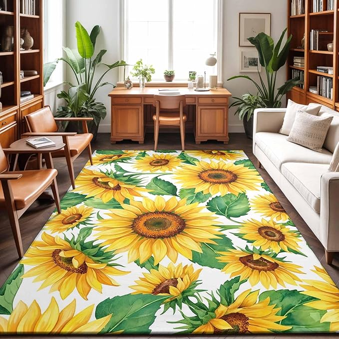 Area Rug 8x10ft, Summer Garden Sunflower Leaves Washable Rugs for Living Room Bedroom, Farm Blossom Floral Soft Non-Slip Area Rugs Rectangle Floor Carpet for Dining Room