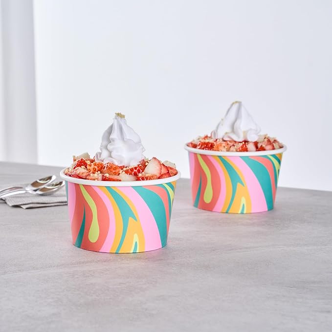 Coppetta 8 Ounce Dessert Cups, 50 Greaseproof Ice Cream Cups - Lids Sold Separately, For Hot And Cold Foods, Psychedelic Sunrise Paper Yogurt Bowls, Disposable, Sturdy - Restaurantware