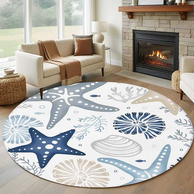 Washable Round Area Rug Ocean Starfish Shell Conch Circle Rugs Floor Carpet for Living Room Bedroom, Sea Blue Coral Seamless Soft Non Slip Round Rug 5ft