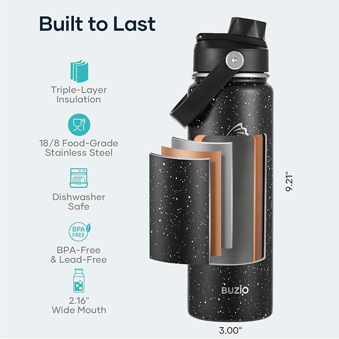 BUZIO 24 oz Insulated Water Bottle, Stainless Steel Wide Mouth Water Flask with Straw Lid, Cold for 48 Hrs Leak Proof Metal Hydro Thermo Canteen Mug, Starry Day & Night