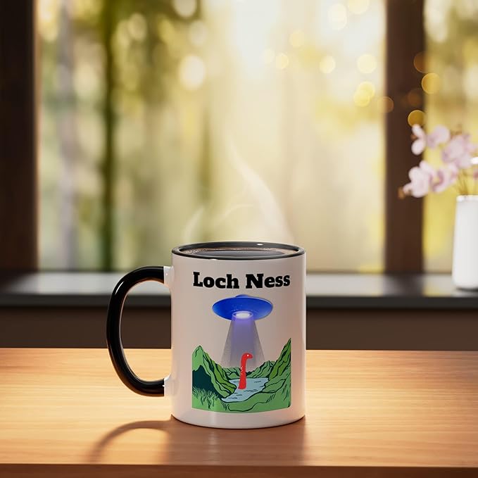 Funny UFO Loch Ness flying saucer Monster Nessie Scotland Ceramic Mug, Black/White