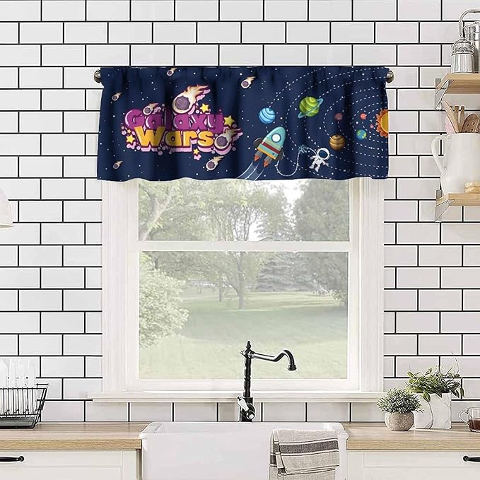 Cartoon Space Valance, Fun Galaxy War Planet Rocket Kids Boys Window Treatment for Kitchen Dining Bedroom Nursery, 54x18Inch