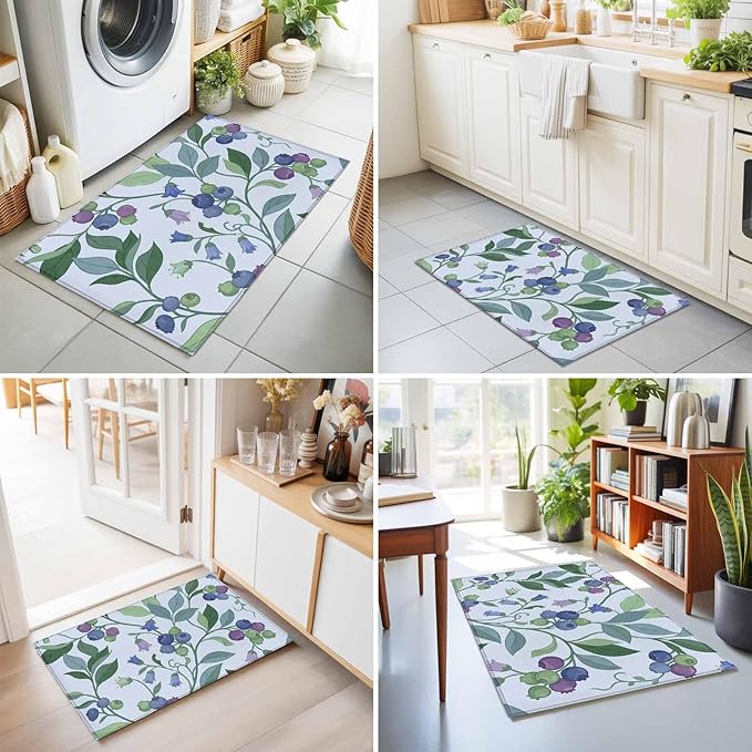 Area Rug 2x3ft, Blueberries Bell Flowers Washable Rugs for Living Room Bedroom, Modern Watercolor Plants Soft Non-Slip Area Rugs Rectangle Floor Carpet for Dining Room