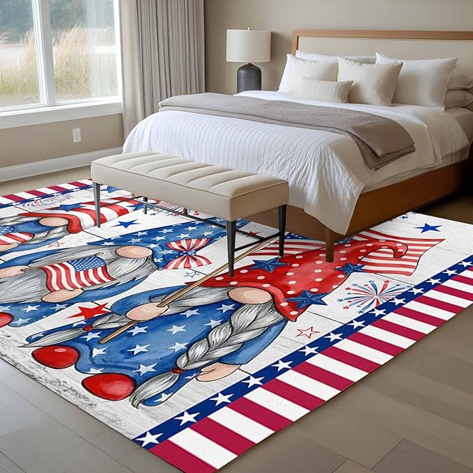 Area Rug 6x9ft, Independence Day USA Flag Star Dwarf Washable Rugs for Living Room Bedroom, Stripes on Wood Grain Soft Non-Slip Area Rugs Rectangle Floor Carpet for Dining Room