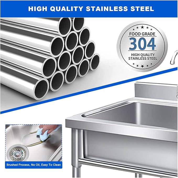 Portable Commercial Stainless Steel Sink, 90cm H Garden Sink Single Trough with Taps and Legs Kitchen Sink for Outdoor Indoor, Easy to Clean & Install