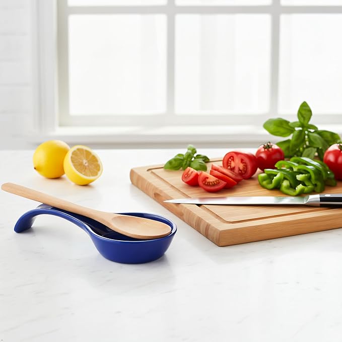 Reston Lloyd Kitchen Counter Utensil Spoon Rest, Ladles, Spaghetti Forks, & Spatulas, Durable BPA-Free Plastic – Dishwasher Safe, Décor, Space Saving Hanging Hole on Handle, Indigo