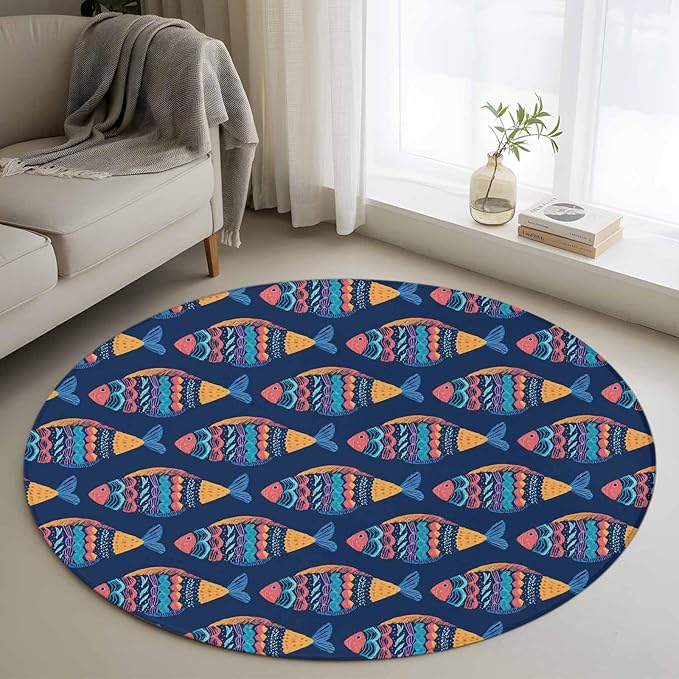 Washable Round Area Rug Ethnic Style Ocean Fish Circle Rugs Floor Carpet for Living Room Bedroom, Watercolor Marine Life on Navy Blue Soft Non Slip Round Rug 3ft
