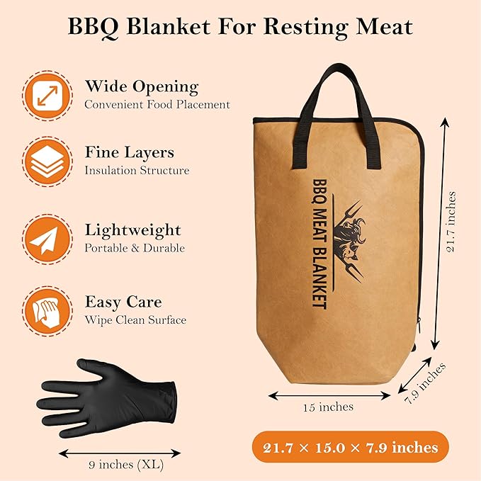 21” BBQ Meat Blanket Set with 50 Nitrile Gloves, Insulated Brisket Resting Bag with Wide Mouth for Pork Shoulder & Turkey, Large Meat Warmer, Smoker Accessories, Grill Gifts for Men Dad Husband