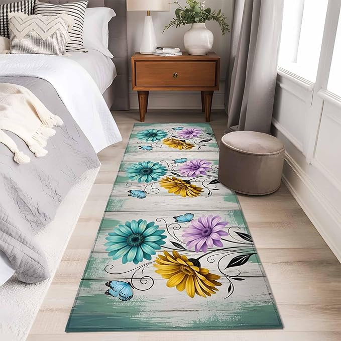 Runner Rug for Bedroom Hallway, Farm Flower Daisy Retro Wood Barn Kitchen Runner Rugs Area Rug 2x6ft, Blossom Flower Butterfly Washable Soft Floor Carpet for Entryway Stair