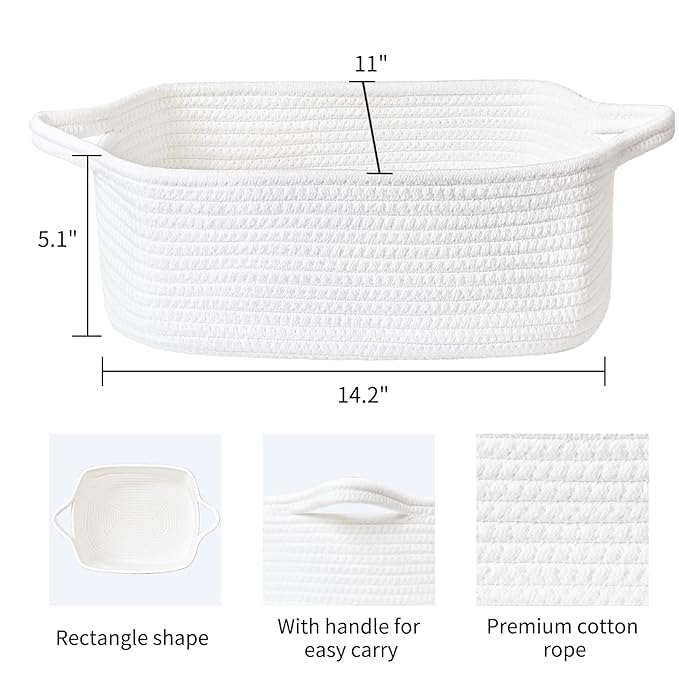 ABenkle Small Storage Basket with Handles, Cotton Rope Woven Dog Cat Toy Bin, Decorative Shelves Closet Organizing for Nursery Laundry Bedroom, 14.2''x 11''x 5.1''