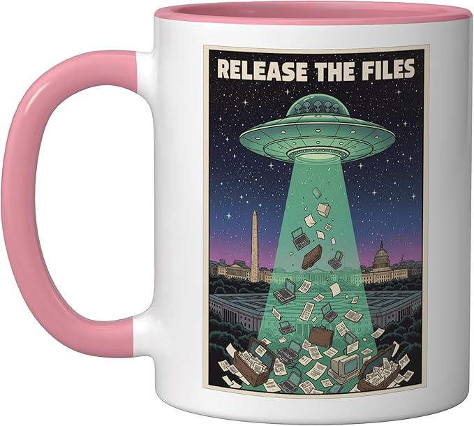Release the Files UFO Disclosure UAP Alien Conspiracy Ceramic Mug, Pink/White