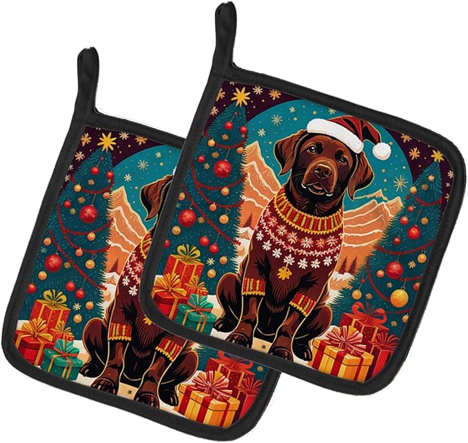 Caroline's Treasures Chocolate Labrador Retriever Christmas Pair of Pot Holders Kitchen Heat Resistant Pot Holders Sets Oven Hot Pads for Cooking Baking BBQ, 7 1/2 x 7 1/2