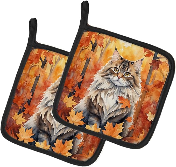 Caroline's Treasures Siberian Cat in Fall Leaves Pair of Pot Holders Kitchen Heat Resistant Pot Holders Sets Oven Hot Pads for Cooking Baking BBQ, 7 1/2 x 7 1/2