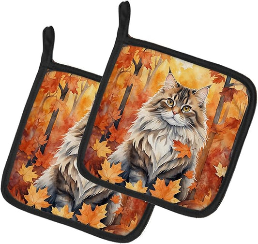 Caroline's Treasures Siberian Cat in Fall Leaves Pair of Pot Holders Kitchen Heat Resistant Pot Holders Sets Oven Hot Pads for Cooking Baking BBQ, 7 1/2 x 7 1/2