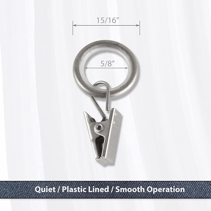 5/8 inch Noise-Canceling Curtain Rings w/Clip (Set of 10) - Satin Nickel