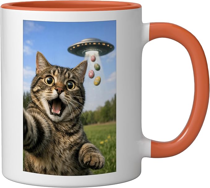 Funny Cat Selfie with Easter Eggs UFO for Men Women Kids Ceramic Mug, Orange/White
