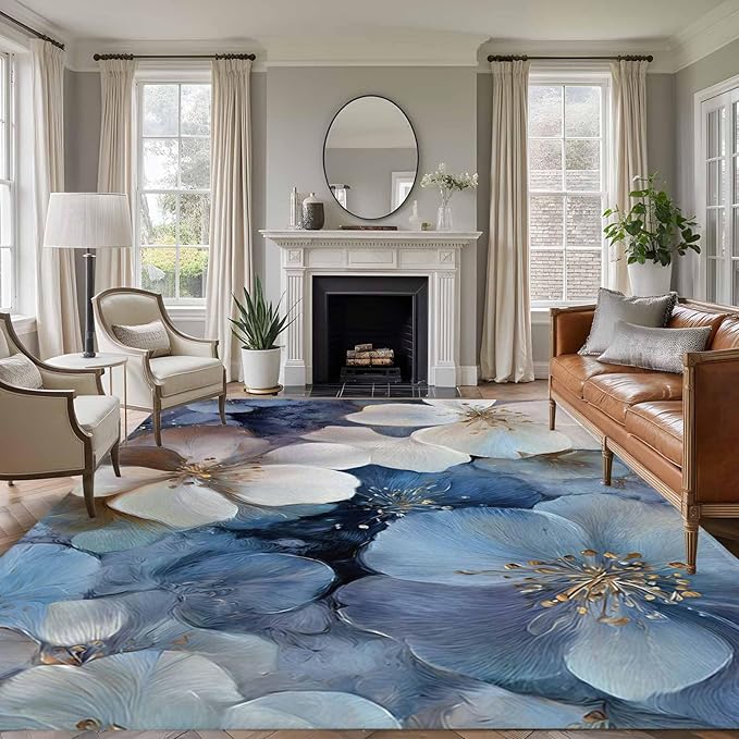 Area Rug 9x12ft, Watercolor White Navy Blue Floral Foliage Washable Rugs for Living Room Bedroom Rectangle Floor Carpet, Abstract Flower Soft Non-Slip Area Rugs for Dining Room