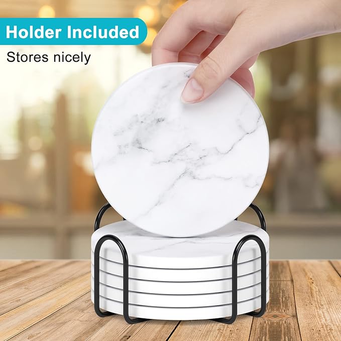 Nipichsha Coasters for Drinks, Set of 6 Cute Absorbent Ceramic Drink Coasters for Cup with Holder and Cork Base, Kitchen Home Decor Housewarming Gift, Round 4 in, White Gray
