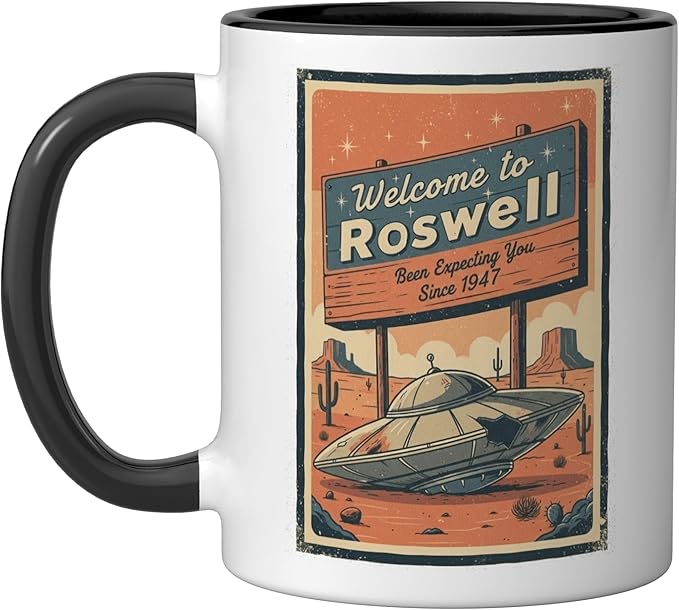 Roswell UFO Retro Tourism Souvenir Flying Saucer Crash Alien Ceramic Mug, Black/White