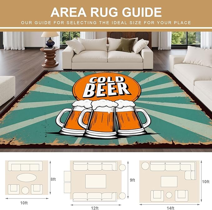 8x10 Area Rugs for Bedroom Boho Washable Man Cave Rug for Living Room Vintage Cold Beer Beer Mugs Retro Sunburst Soft Rubber Backed Non-Slip Large Carpets for Boys