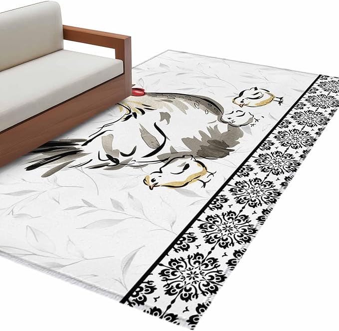 Area Rug 4x6ft, Country Farmhouse Rooster Washable Rugs for Living Room Bedroom, Watercolor Animal Flower Pattern Soft Non-Slip Area Rugs Rectangle Floor Carpet for Dining Room