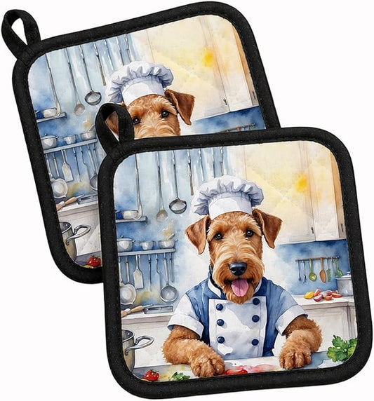 Caroline's Treasures Airedale Terrier The Chef Pair of Pot Holders Kitchen Heat Resistant Pot Holders Sets Oven Hot Pads for Cooking Baking BBQ, 7 1/2 x 7 1/2