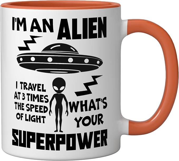 I'm An Alien Silhouette First Contact Space Apparel Ceramic Mug, Orange/White