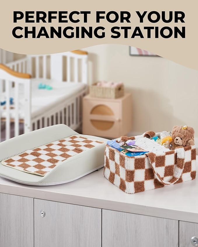 Checkered Diaper Caddy Organizer with Portable Changing Mat - Teddy Fleece Diaper Organizer for Changing Table - Caddy Organizer with Removable Dividers - Light Taupe and White