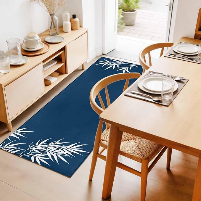 Runner Rug for Bedroom Hallway, Country Leaf on Dark Blue Kitchen Runner Rugs Area Rug 2x6ft, Botanical Silhouette Minimalist Style Washable Soft Floor Carpet for Entryway Stair
