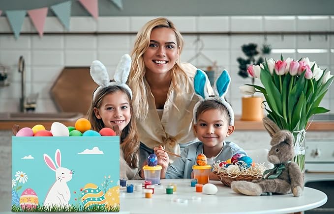 NTAOHAMPER Rectangular Easter Eggs Basket Empty,Easter Storage Bin with Handles,Baby Room Decor,Gift Basket(Blue Easter Eggs)