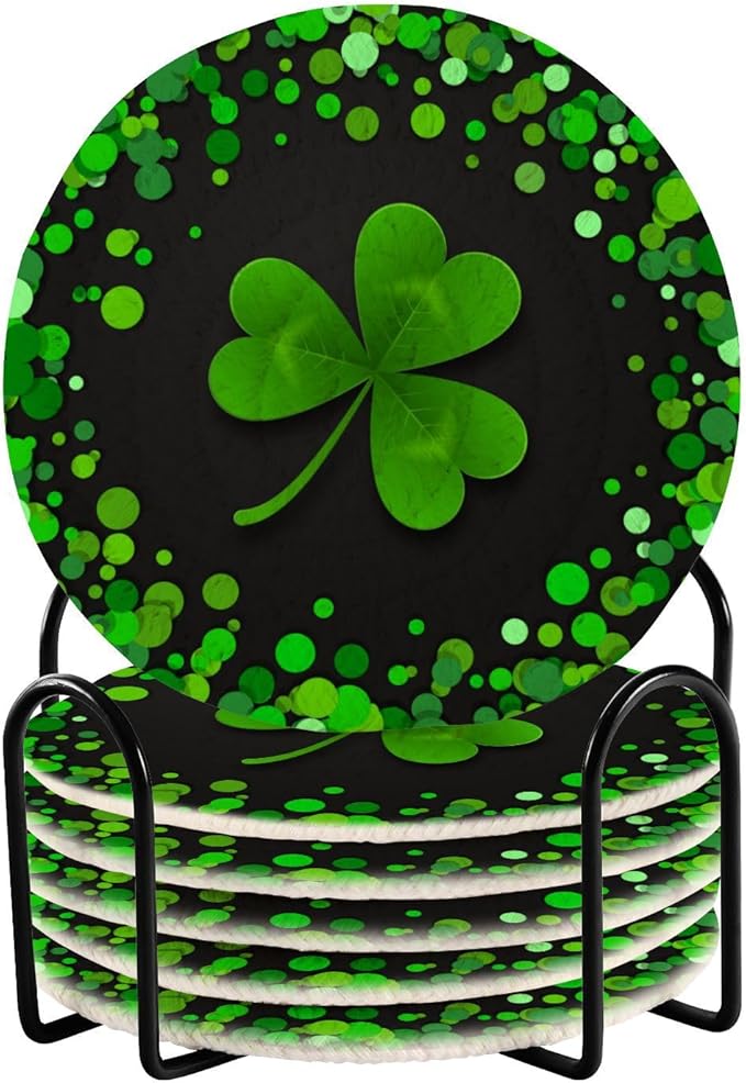 YETTASBIN St. Patrick's Day Shamrock 6 Pcs Drink Coasters with Holder, Cotton Woven Absorbent Heat-Resistant Round Coaster Non-Slip Table Mat for Kitchen Bar Home Decor Housewarming Gift, 3.9 in