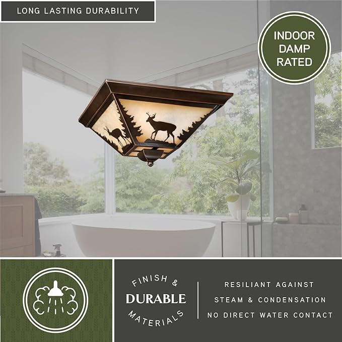 VAXCEL Bryce 14 Inch Flush Mount Rustic Ceiling Light, Deer Silhouette, Dimmable Indoor Outdoor Lighting, Burnished Bronze Finish, Amber Flake Glass