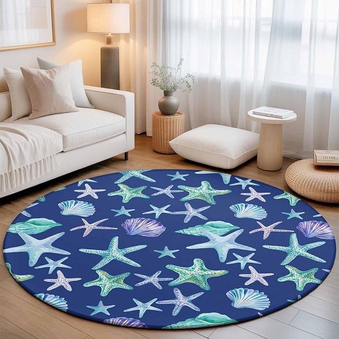 Washable Round Area Rug Summer Starfish Shell Conch Circle Rugs Floor Carpet for Living Room Bedroom, Marine Creature on Blue Soft Non Slip Round Rug 3ft