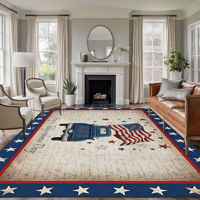 Area Rug 6x9ft, Happy Independence Day USA Flag Washable Rugs for Living Room Bedroom, Retro Blue Truck Soft Non-Slip Area Rugs Rectangle Floor Carpet for Dining Room