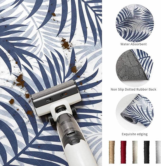 Area Rug 3x5ft, Abstract Navy Blue Palms Leaves Washable Rugs for Living Room Bedroom, Summer Botantical Soft Non-Slip Area Rugs Rectangle Floor Carpet for Dining Room