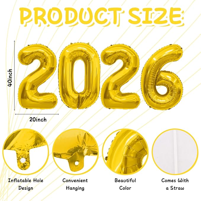 2026 Gold Foil Numbers Balloons(40 Inch) Graduation Decorations Senior Class of 2026 Balloons Happy New Years Eve Party Supplies 20 26 Signs Props Birthday Anniversary Wedding Festival Ornament Decor