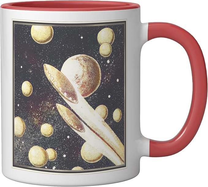 Retro Sci-Fi UFOs Flying Saucers Through Space Ceramic Mug, Red/White