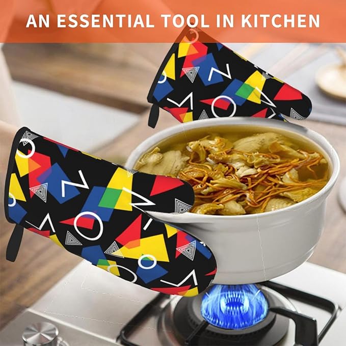 Colorful Geometric Pattern Oven Mitts of 2-Pack Set, Fashion Kitchen Gloves Heat Resistant Non-Slip Kitchen Mitts for Safe Cooking Baking Grilling